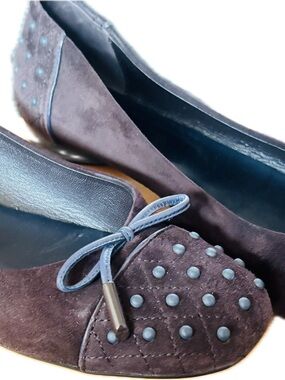 Tod's Dark Brown Suede Studded Ballet Flats with Bow